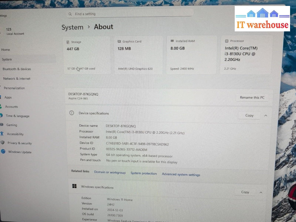 (GRADE A) Acer Aspire C24-865 24" All-in-One PC i3-8130U/8GB /480GB SSD/WIN 11 -