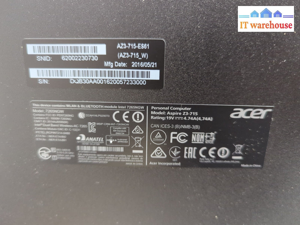 (GRADE A) Acer Aspire Z3-715 24" AIO PC i3-6100T CPU/8GB DDR4/240GB SSD/WIN10 -
