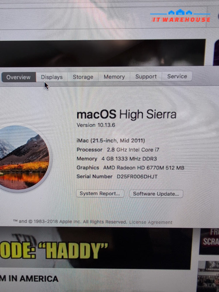 (GRADE A) Apple iMac A1311 21.5" 2011 i7-2.8GHz CPU /4GB RAM /1TB HDD /10. 13 -