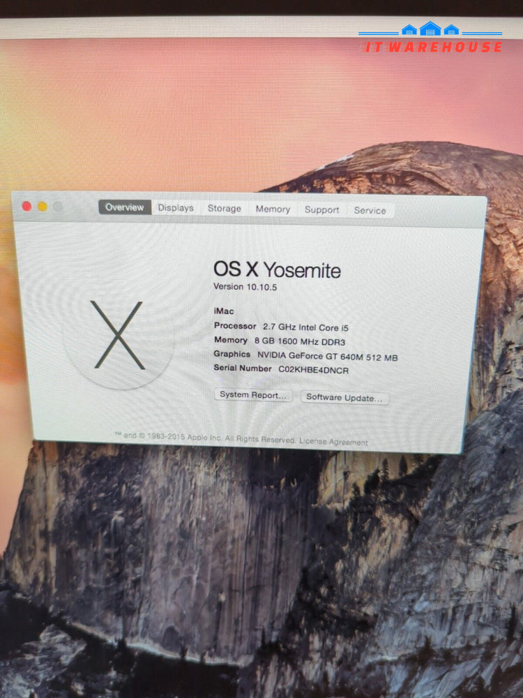 (GRADE A) Apple iMac A1418 21.5’’ 2012 - Core i5-3335S/8GB RAM /1TB HDD/OS 10.10-