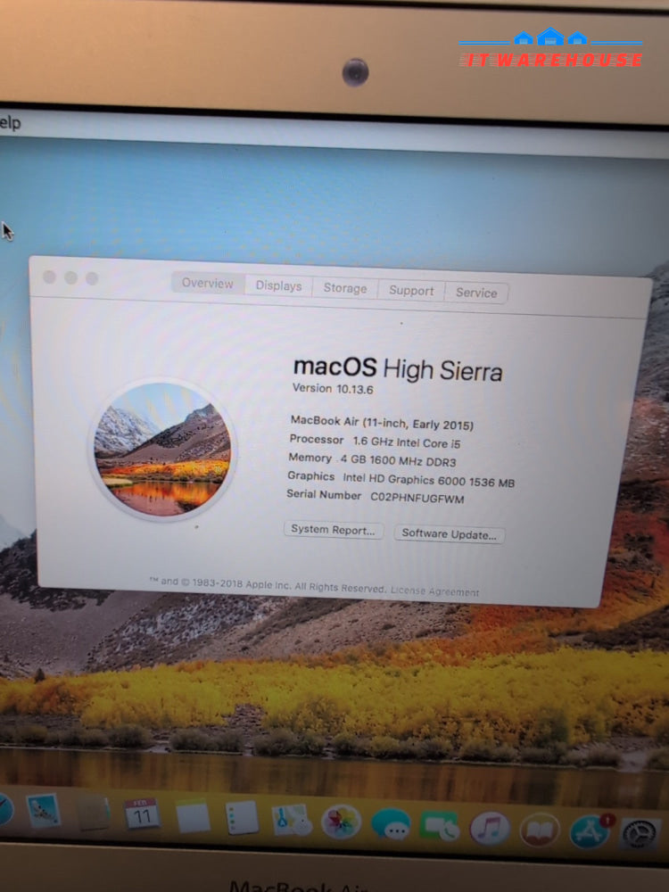 (GRADE A) Apple MacBook Air 11" A1465 2015  i5 - 1.6GHz/128GB SSD/4GB/OS 10. 13-