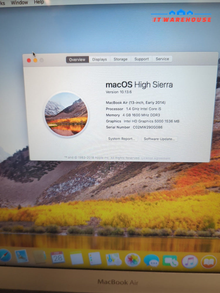 (GRADE A) Apple MacBook Air 13’’ A1466 2014/ i5 - 1.4GHz/4GB/256GB SSD/OS 10.13