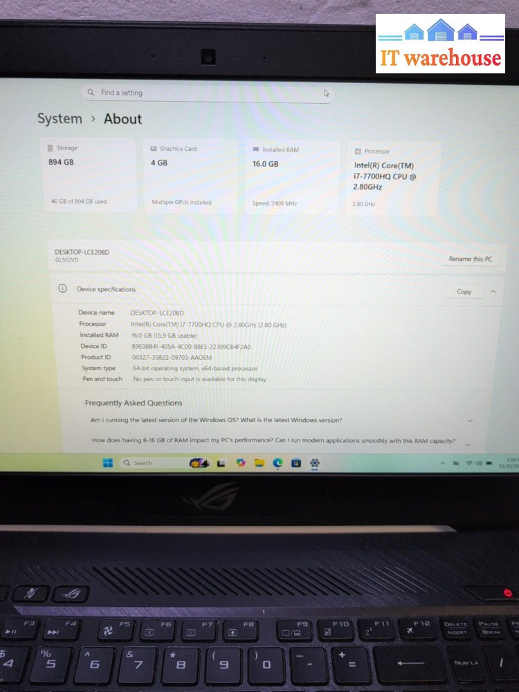 (GRADE A)Asus ROG GL503V 15.6" Laptop i7-7700HQ/16GB/960GB SSD/GTX 1050/Win 11 -