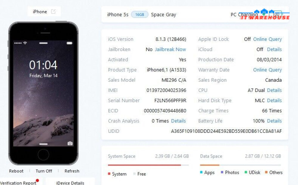 Grade A (Carrier: Telus) Apple iPhone 5S 16GB Space Gray (ME296 C/A) cell phone