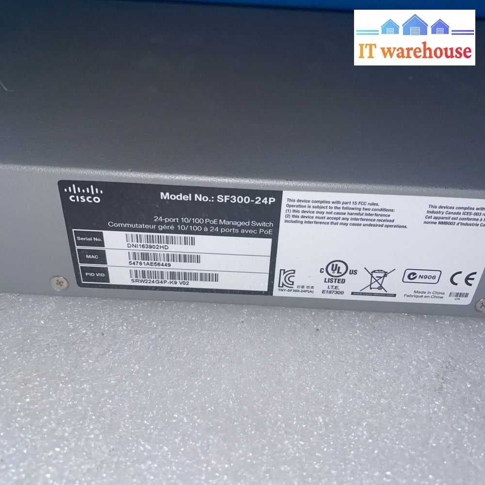 Grade A~ Cisco Small Business Sf300-24P Ethernet 10/100 Poe Managed Switch