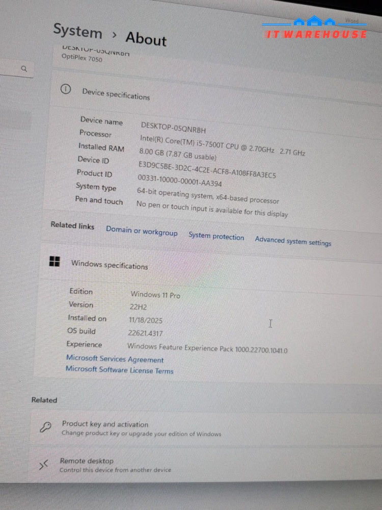 (GRADE A) Dell Optiplex 7050 USFF i5-7500T/8GB RAM/256GB NVMe/HDMI WIFI/Win11 -