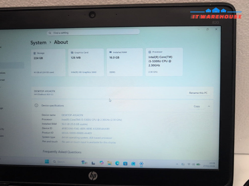 (GRADE A) HP EliteBook 820 G2 12. 5" Laptop i5-5300U/16GB RAM/240GB SSD/Win11 -