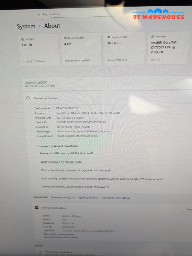 (GRADE A)HP ENVY 27" Touchscreen ALL-IN-ONE i7-7700T/16GB/128G SSD+1TB HD/Win11-