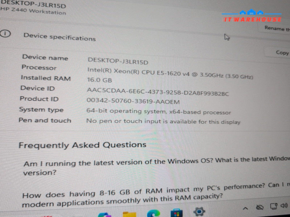 (GRADE A) HP Z440 Workstation Xeon E5-1620 v4 / 16GB RAM/250GB SSD/Win11 -