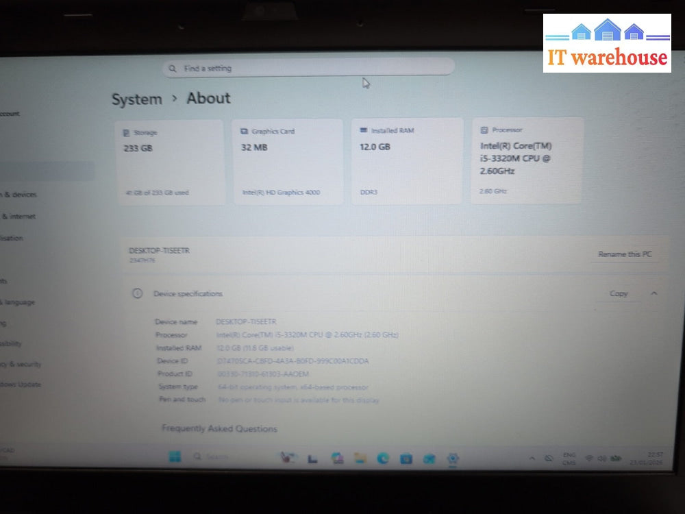 (GRADE A) Lenovo ThinkPad T430 14" Laptop i5-3320M/12GB RAM/250GB SSD /Win11 -