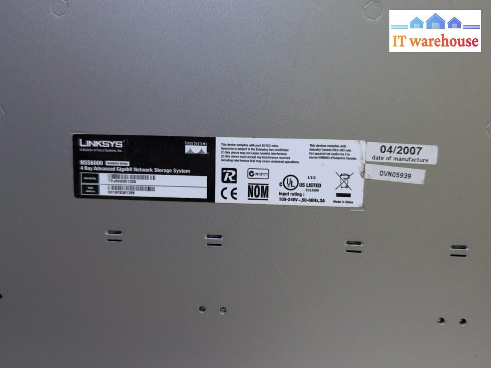 (GRADE A) LINKSYS NSS6000 4 BAY ADVANCED GIGABIT NETWORK STORAGE SYSTEM -