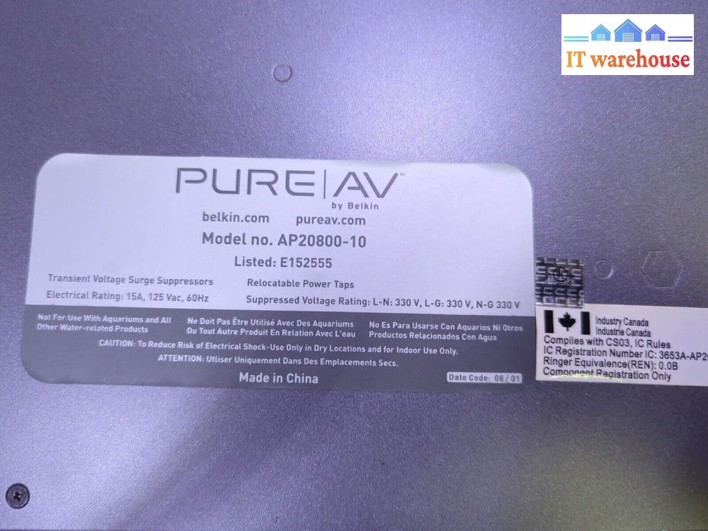 - (Grade A) Pure Av Belkin 8-Outlet Ap20800-10 Home Theater Surge Protector