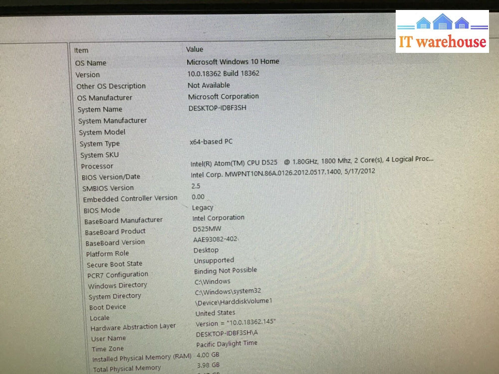 Hisco Desktop Intel Atom D525 Cpu 1.8Ghz 4Gb Ram 500Gb Hdd Win10