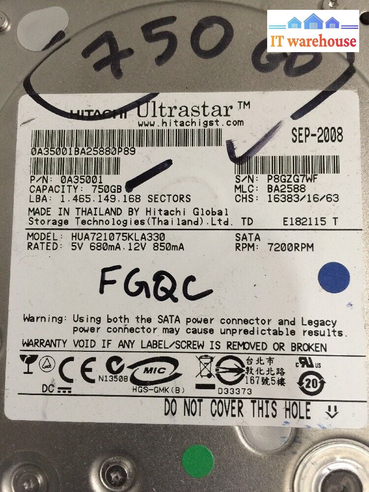 + Hitachi Ultrastar Hua721075Kla330 750Gb 7.2K Sata 3.5’ Hdd W/ Tray F9541 @@@