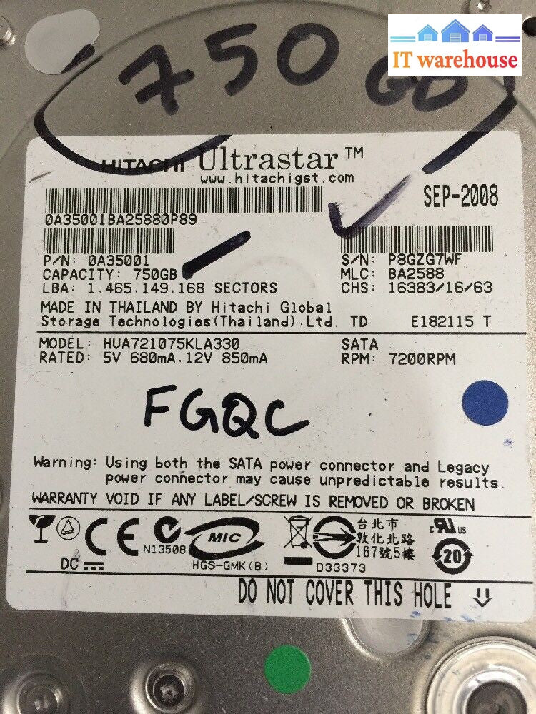 + Hitachi Ultrastar HUA721075KLA330 750GB 7.2K SATA 3.5" HDD W/ TRAY F9541 @@@