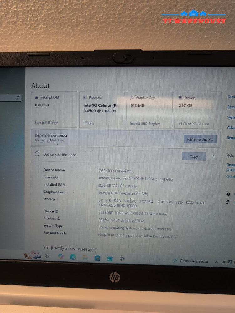  HP 14-dq3020ca 14" Laptop Celeron N4500 CPU /8GB RAM /256GB SSD/Win10 -