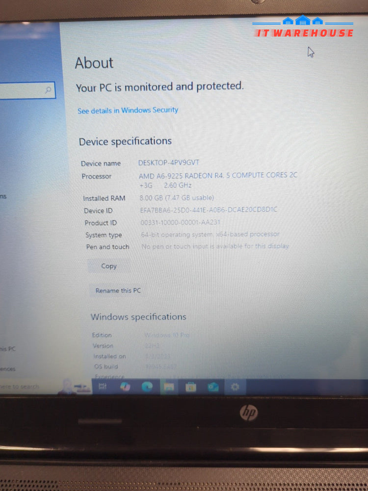 HP 15-db0108ca 15.6’’ Laptop AMD A6-9225 CPU/8GB RAM/250GB SSD/Win10 (Read*)