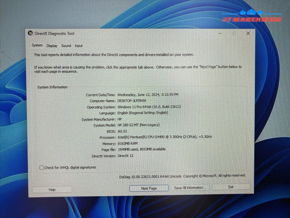 HP 280 G2 Desktop Pentium G4400 3.2GHz, 8GB RAM, 256GB SSD + 500GB HDD, Win 11 ~