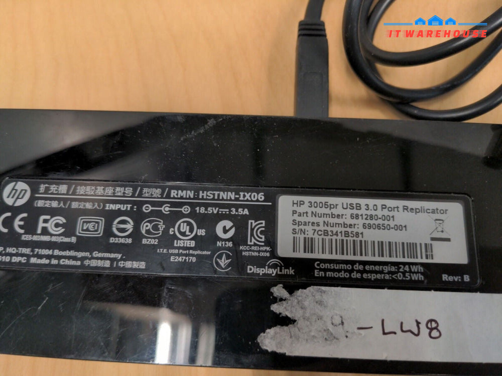 - HP 3005pr USB 3.0 Port Replicator Docking Station - HSTNN-IX06 681280-001 W/AC