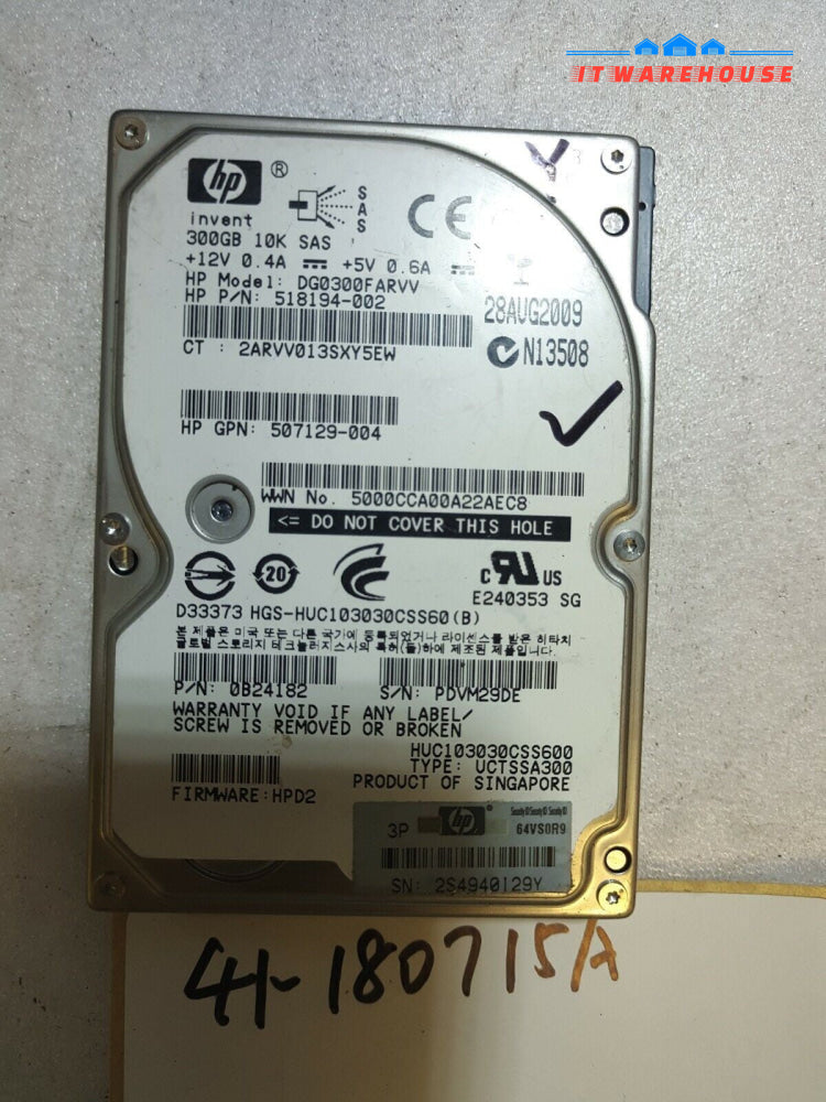 - HP 518194-002 Hitachi 2.5" 300GB 10K 64MB 6Gbps SAS Hard Drive DG0300FARVV