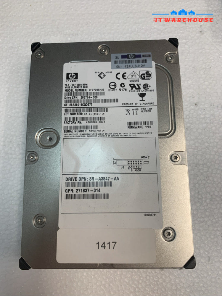 HP 72.8GB 15000RPM 3.5" 80-PIN HARD DRIVE BF07285A36  286774-006  271837-014