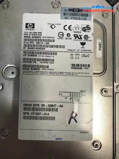- Hp 72.8Gb 15000Rpm 3.5’ 80Pin Hard Drive Bf07285A36 286774-006 271837-014