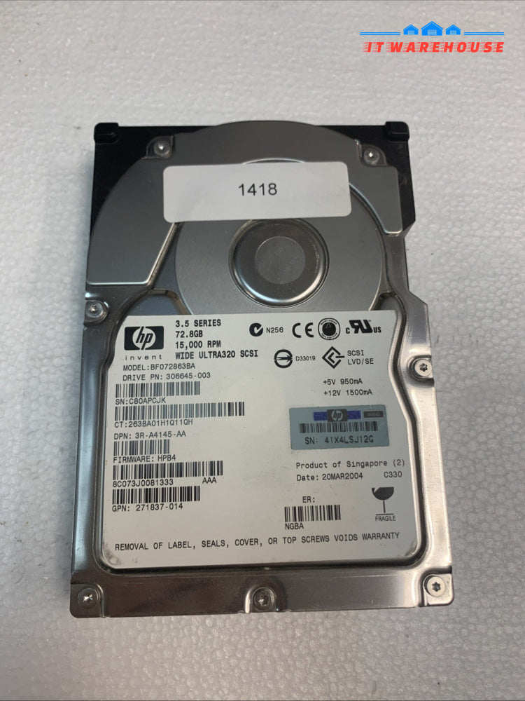 HP 72.8GB Hard Drive SCSI 15K U320 80PIN 306645-003 BF072863BA