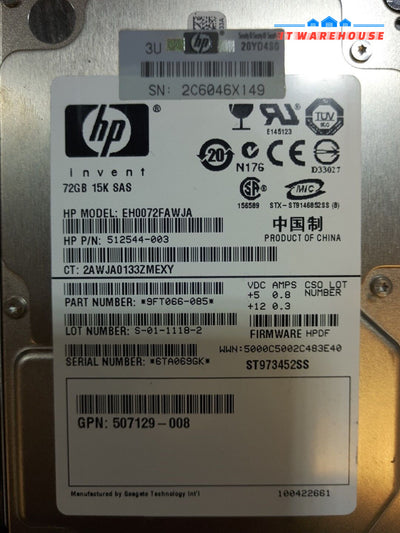 - Hp 72Gb 15K 6Gbp/S Sas 2.5’ Server Hdd Eh0072Fawja 512544-003 9Ft066 @@@