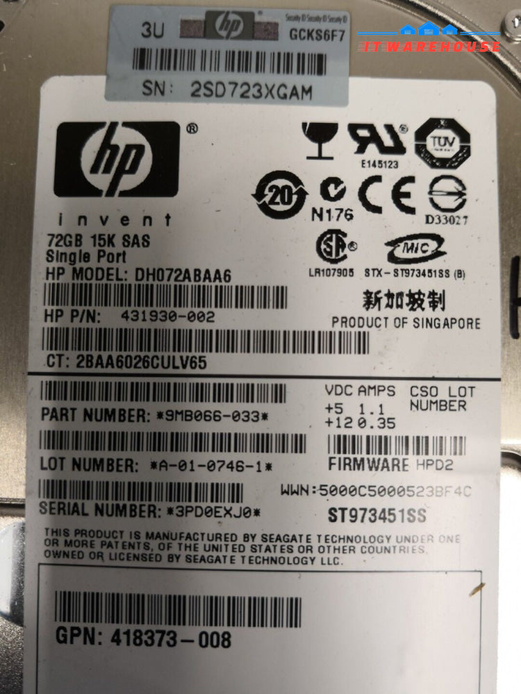 - HP 72GB 15K RPM 2.5" SAS Single Port HDD w/Tray 431930-002 9MB066 @@@