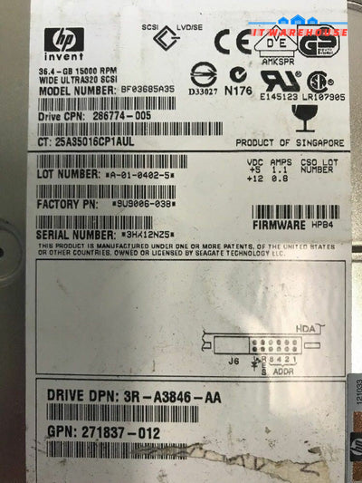 - HP BF03685A35 36.4GB Ultra320 SCSI Hard Drive- 286774-005