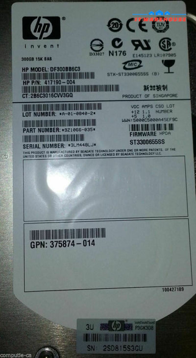 HP DF300BB6C3 417190-004 300GB 15K SAS 3.5" Hard Drive w/tray 416248-001 @@@ 