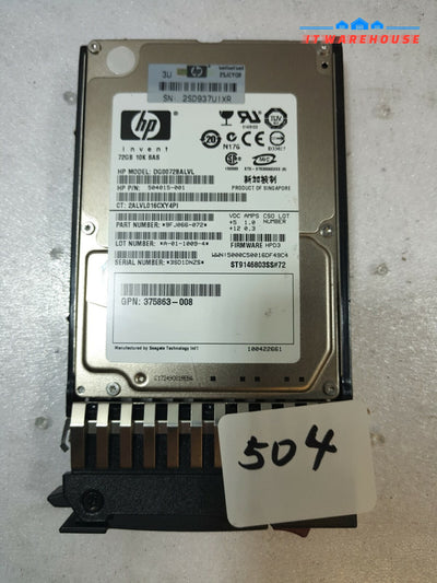 - HP DG0072BALVL 73GB 10K 2.5" SAS Server Hard Drive PN:504015-001 / 375863-008