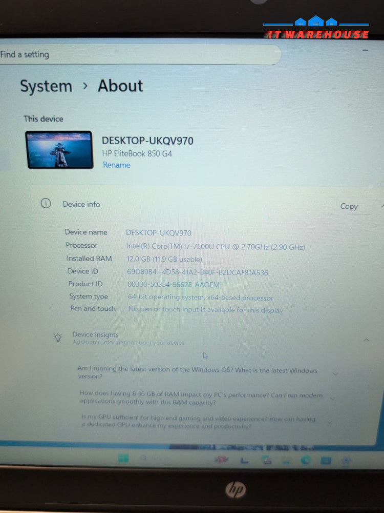 HP EliteBook 850 G4 15. 6" Laptop Core i7-7500U/12GB RAM/512GB SSD/Win11 -