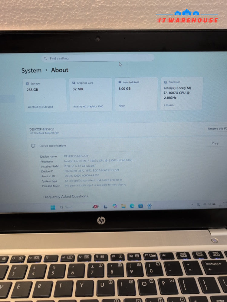 HP EliteBook Folio 9470m 14" Laptop Intel i7-3687U/8GB RAM/250GB SSD/Win11 -