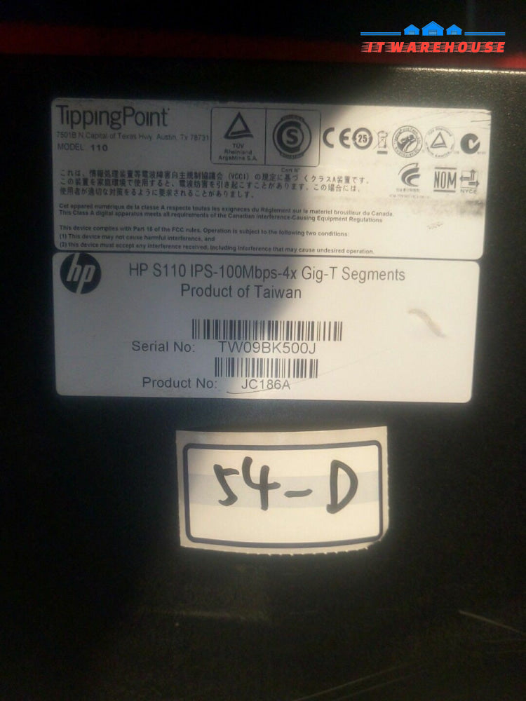 - HP JC186A TippingPoint 110 S110 IPS-100Mbs-4x Gig-T SEGMENTS