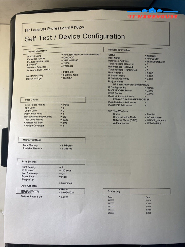 Hp Laserjet Pro P1102W Wi-Fi Monochrome Printer (Page Count 17.6K) No Toner ~