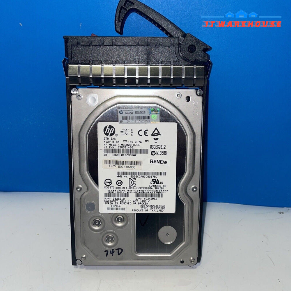 HP MB2000FBUCL 638521-001 2TB 7.2K 3.5" 6G DP sas midline hard drive