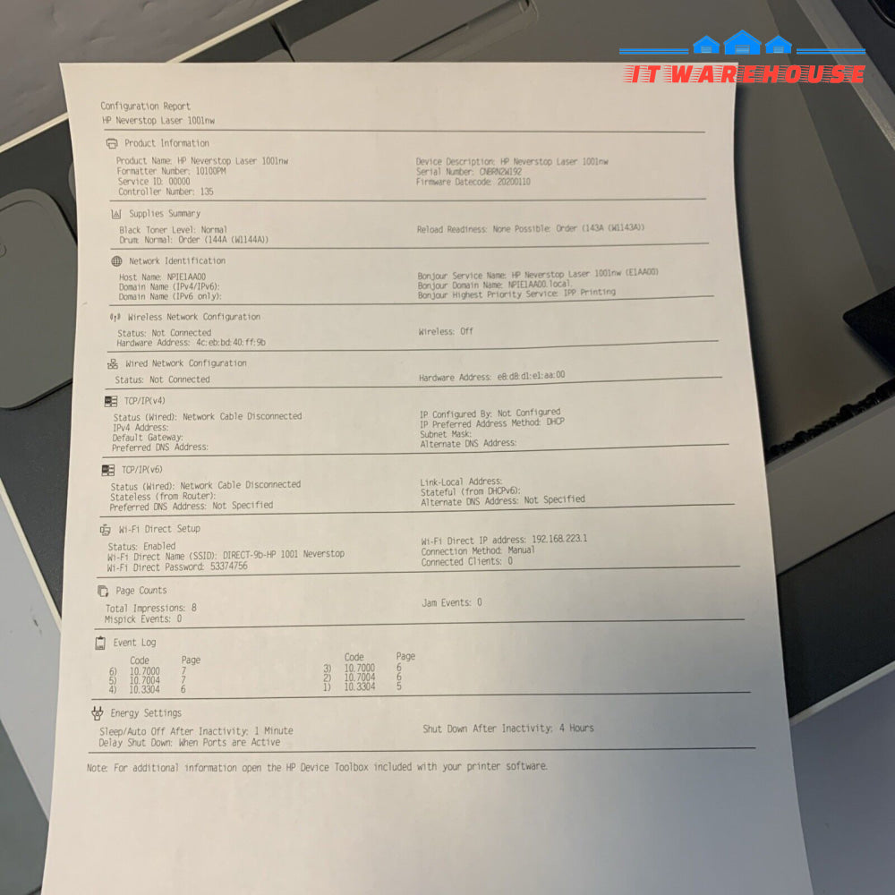 HP Neverstop Laser 1001nw Printer Network USB 5HG80A (no tray page count 8)