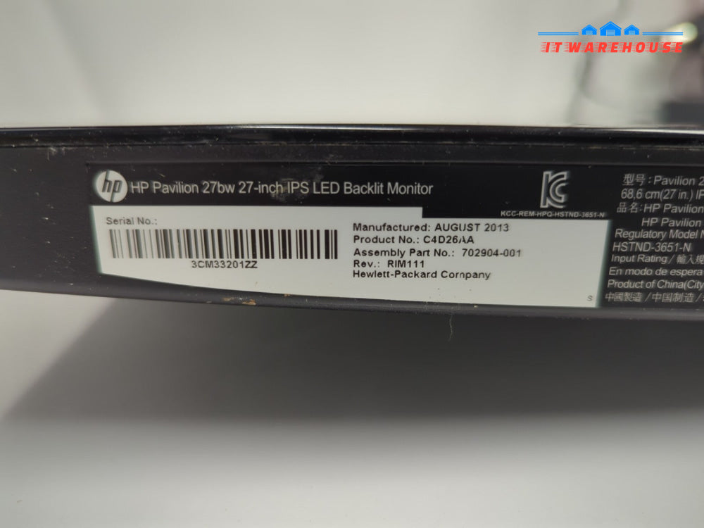 HP Pavilion 27bw IPS LED 27” Backlit Monitor  Tested (NO STAND) -