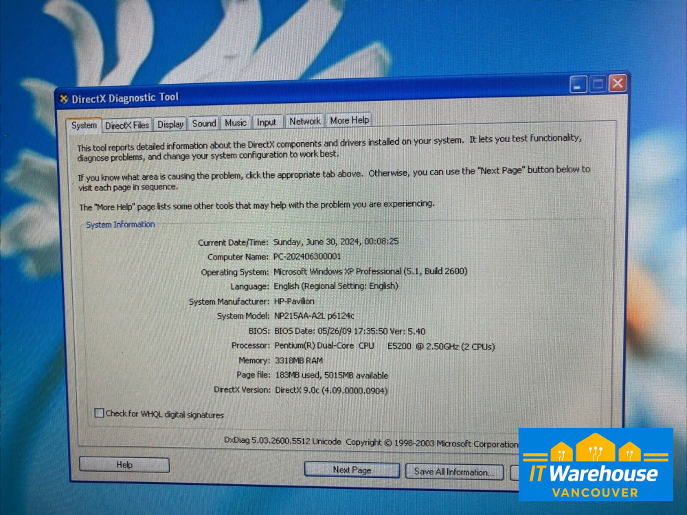 HP Pavilion p6000 Desktop Intel E5200 CPU / 4GB RAM / 250GB HDD / Win XP Pro ~