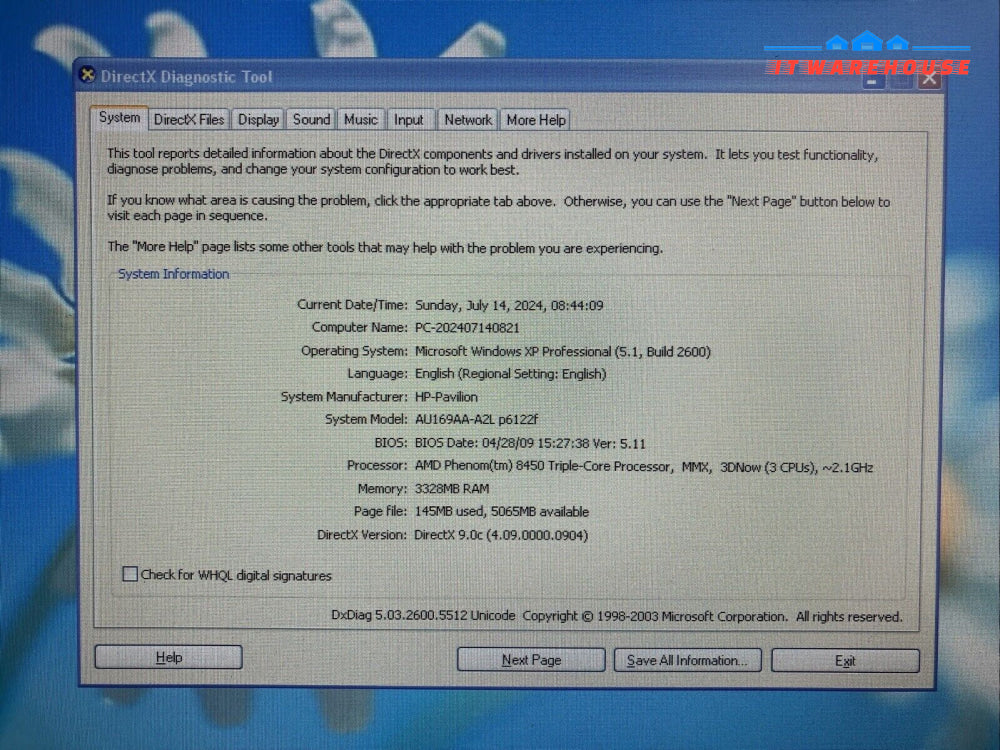 HP Pavilion P6122f Desktop AMD Phenom 8450 CPU / 4GB RAM / 250GB HDD / Win XP ~