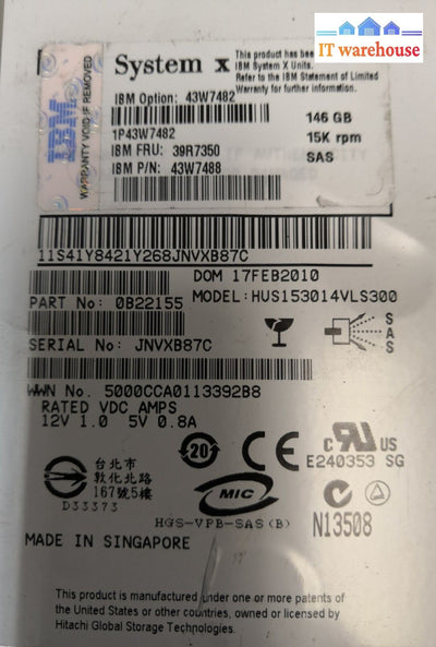- Ibm 146.8Gb 15K Sas Hdd Hus153014Vls300 43W7482 43W7488 39R7350 @@@