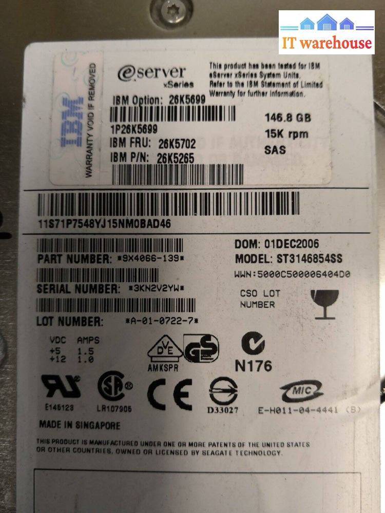 - Ibm 146Gb 15K Sas 3.5’ Hard Drive St3146854Ss 26K5699 26K5702 26K5265 @@@