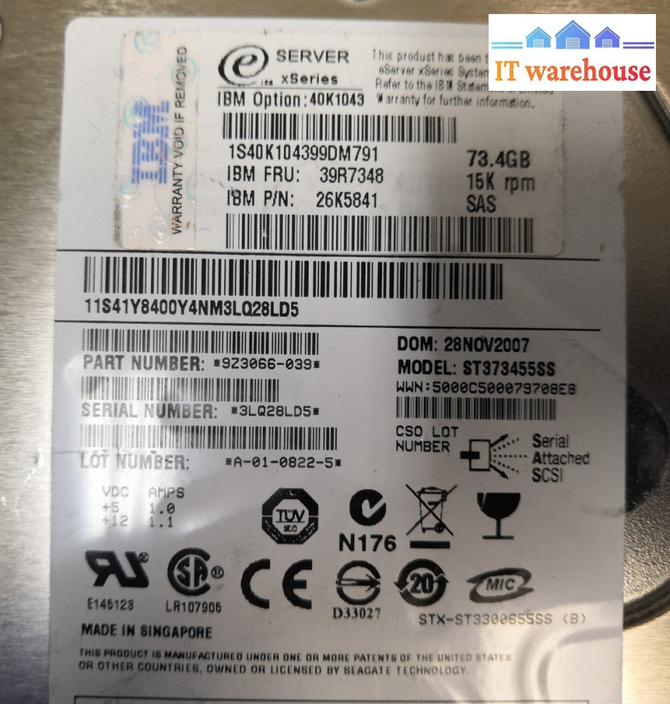  -IBM  3.5" 73.4GB 15K SAS HARD DRIVE 26K5841 39R7348 40K1043 ST373455SS @@@ 