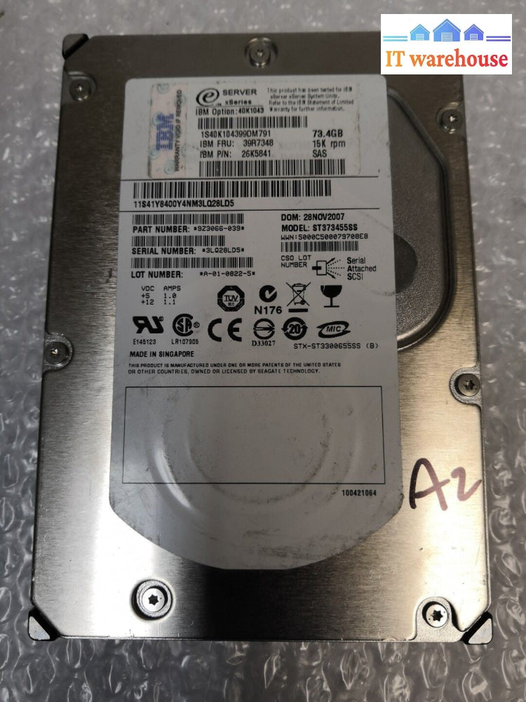  -IBM  3.5" 73.4GB 15K SAS HARD DRIVE 26K5841 39R7348 40K1043 ST373455SS @@@ 