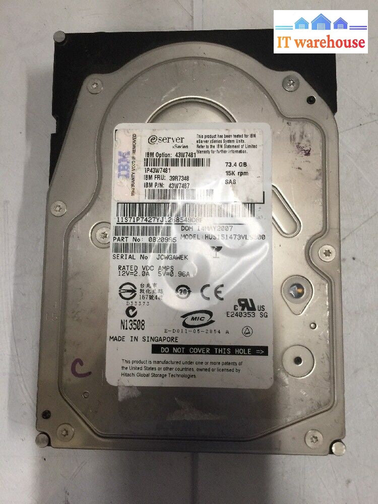 -IBM 3.5" 73.4GB 15K SAS HARD DRIVE 43W7481 39R7348 43W7487 0B20995