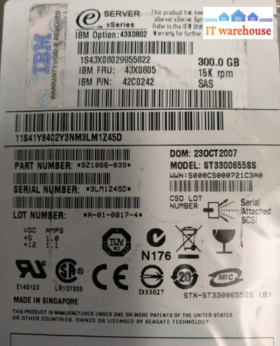 - IBM 300GB 15K SAS 3.5" Hard Drive W/Caddy 43X0805/43X0802/42C0242/ST3300655SS