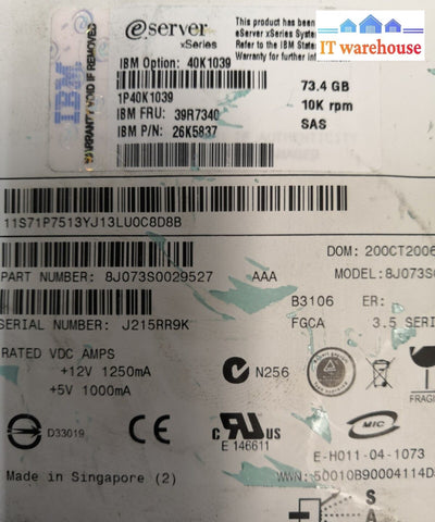 - Ibm 40K1039 39R7340 Hot-Swap 73Gb 10K Rpm 3.5’ Sas Hard Disk Drive
