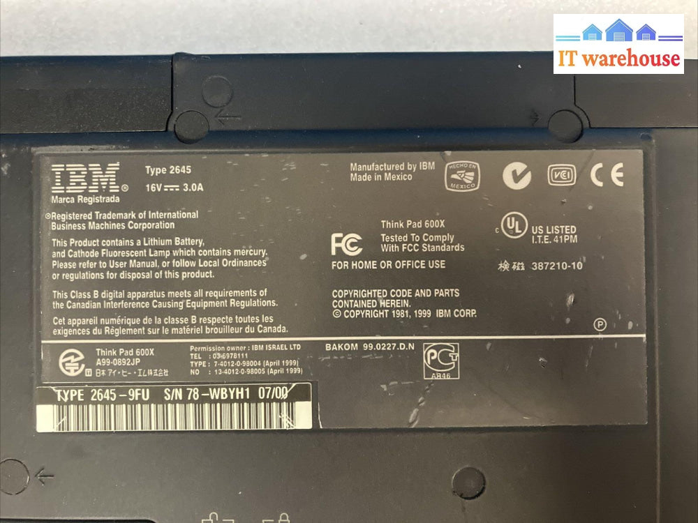 Ibm 600X Type 2645 13’ Laptop Pentium Iii Cpu 1Gb Ram 40Gb Hdd No Os (Read) ~