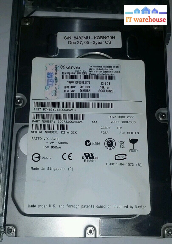 IBM 90P1309 73.4GB 10K U320 26K5152 BD073J0 w/ tray @@@